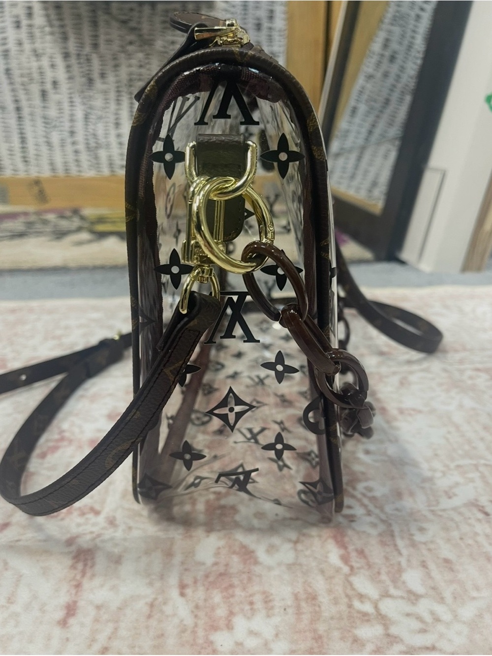 Clear Monogram Crossbody Bag with Brown Trim